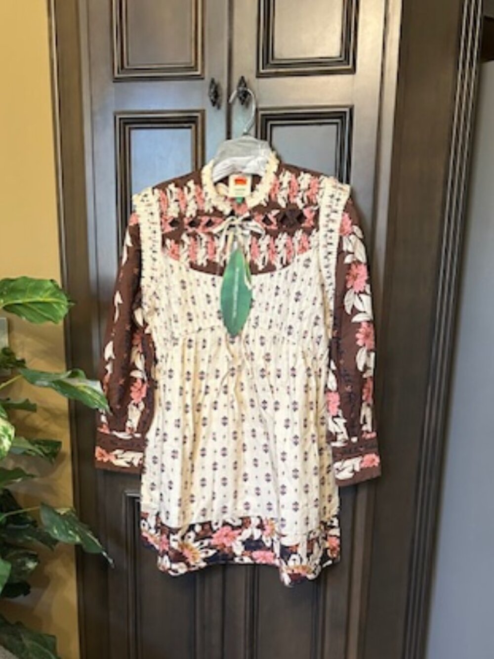 Farm Rio 100% Cotton Ainika Floral Cream Open Yoke Long Sleeves Mini Dress